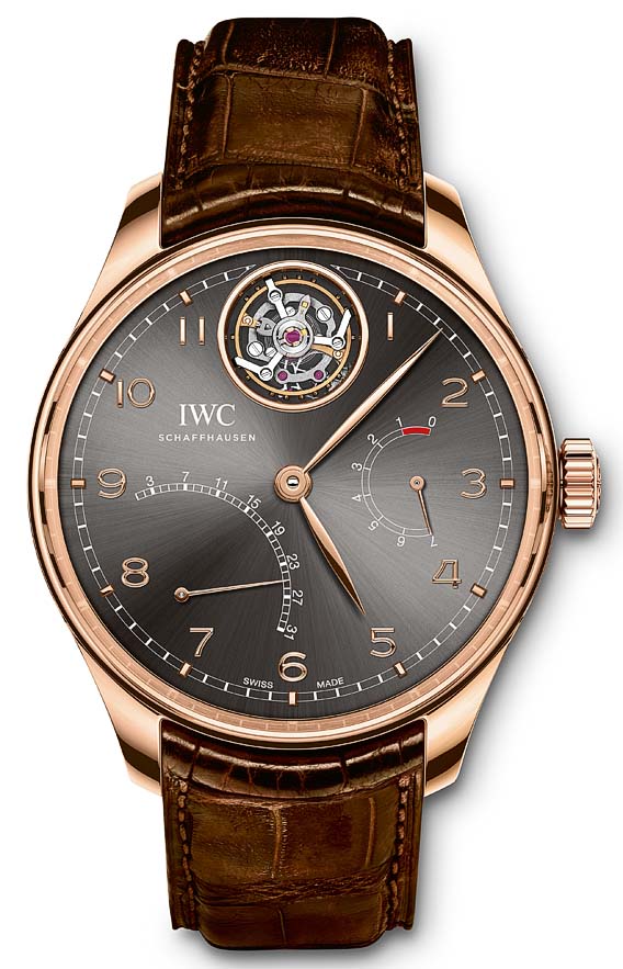 HANDOUT - The Portugieser Tourbillon Mystere Retrograde (Ref. IW504602) from IWC Schaffhausen: case in 18-carat red gold, slate-coloured dial and dark brown alligator leather strap by Santoni with a folding clasp in 18-carat red gold. (PHOTOPRESS/IWC)