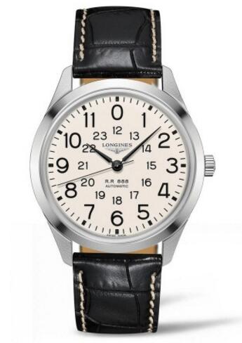 For this steel case fake Longines with vintage feeling, that also can see the elegant charm. Beige dial is decorated with black scale and pointers, matching steel case and black leather strap, completely showing the vintage design style.