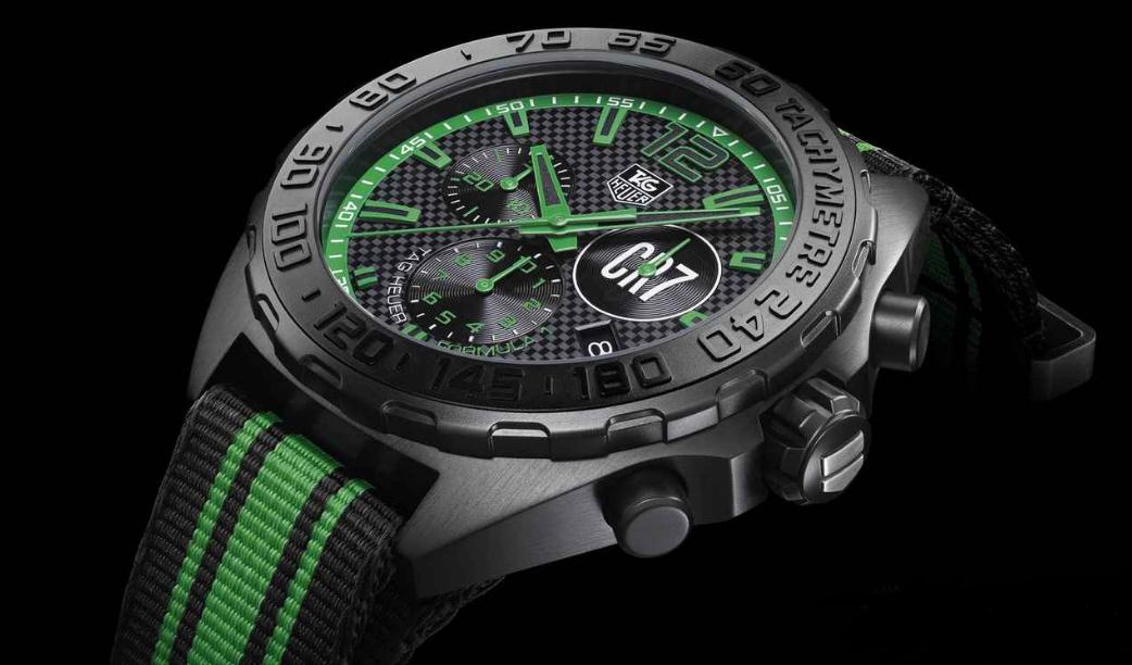 The black dials fake watches have green details.